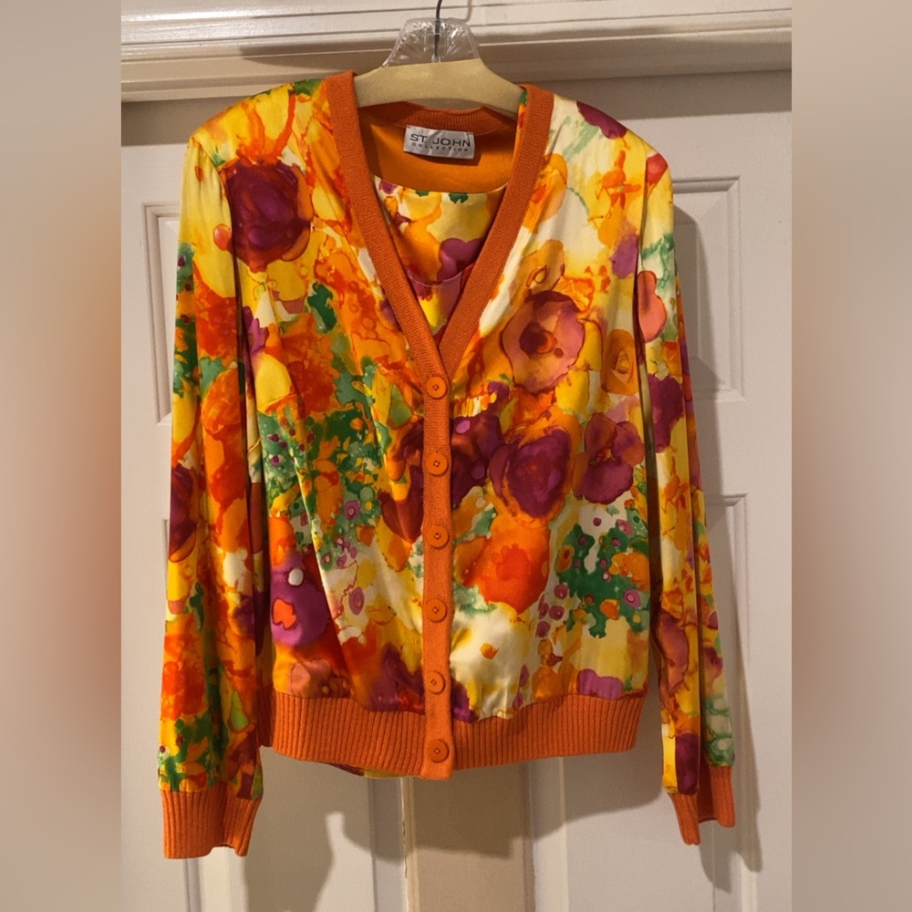 ST. JOHN COLLECTION Floral Watercolor Style Satin Cardigan & Camisole